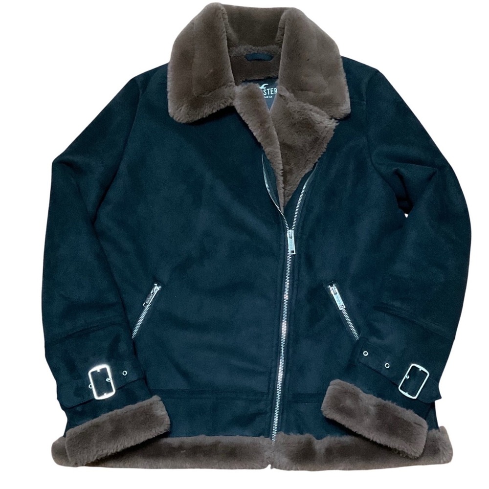 Hollister Womens Faux Suede Aviator Jacket Black Brown Faux Fur Lined M